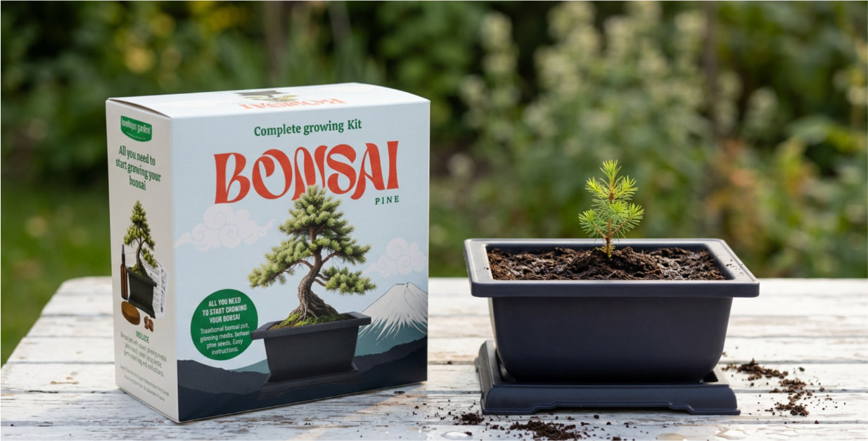 Bonsai growing kit box beside a planted pot with a young pine seedling on a garden table