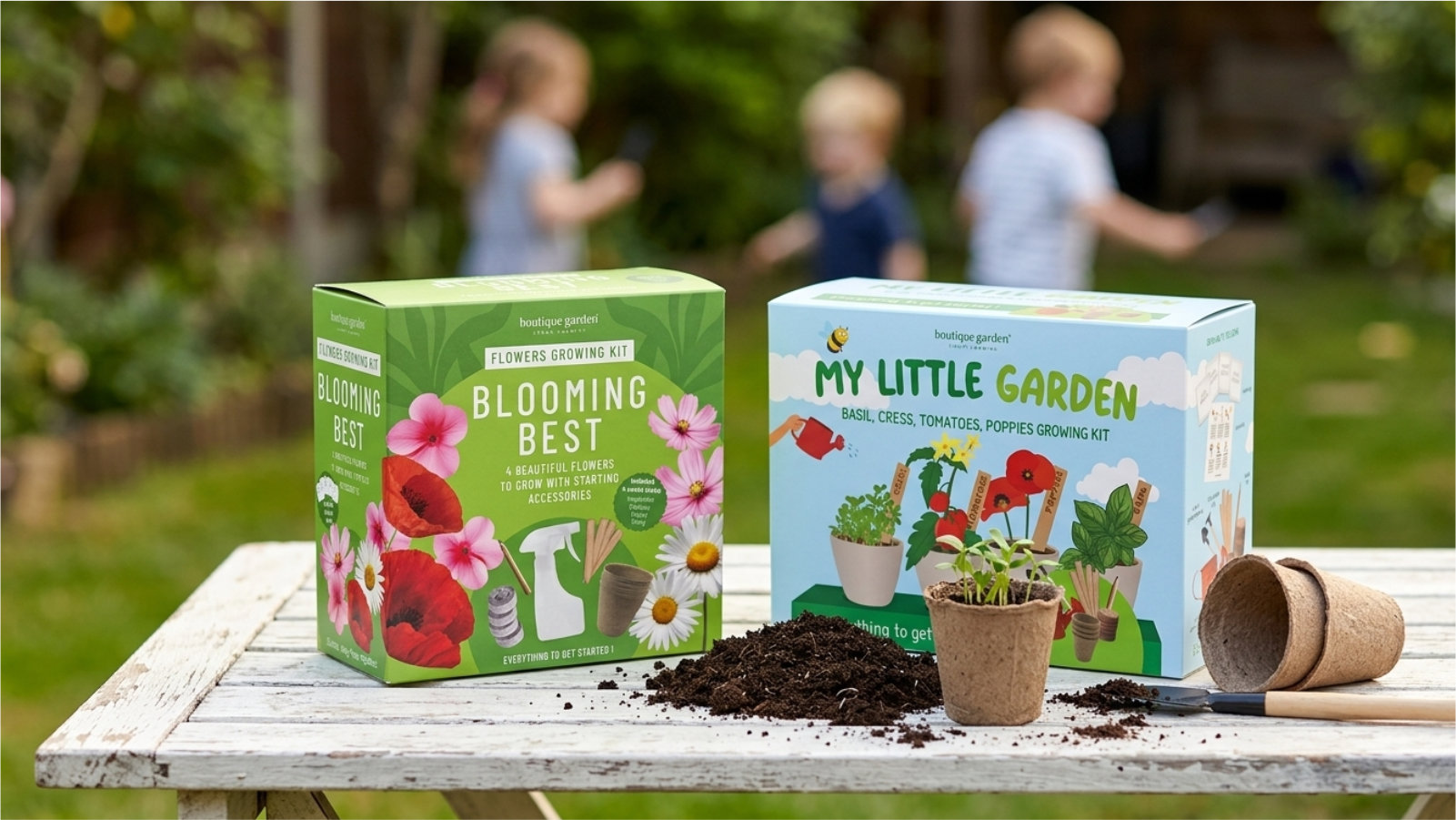 My Little Garden and Blooming Best kids growing kits on a garden table with children playing behind