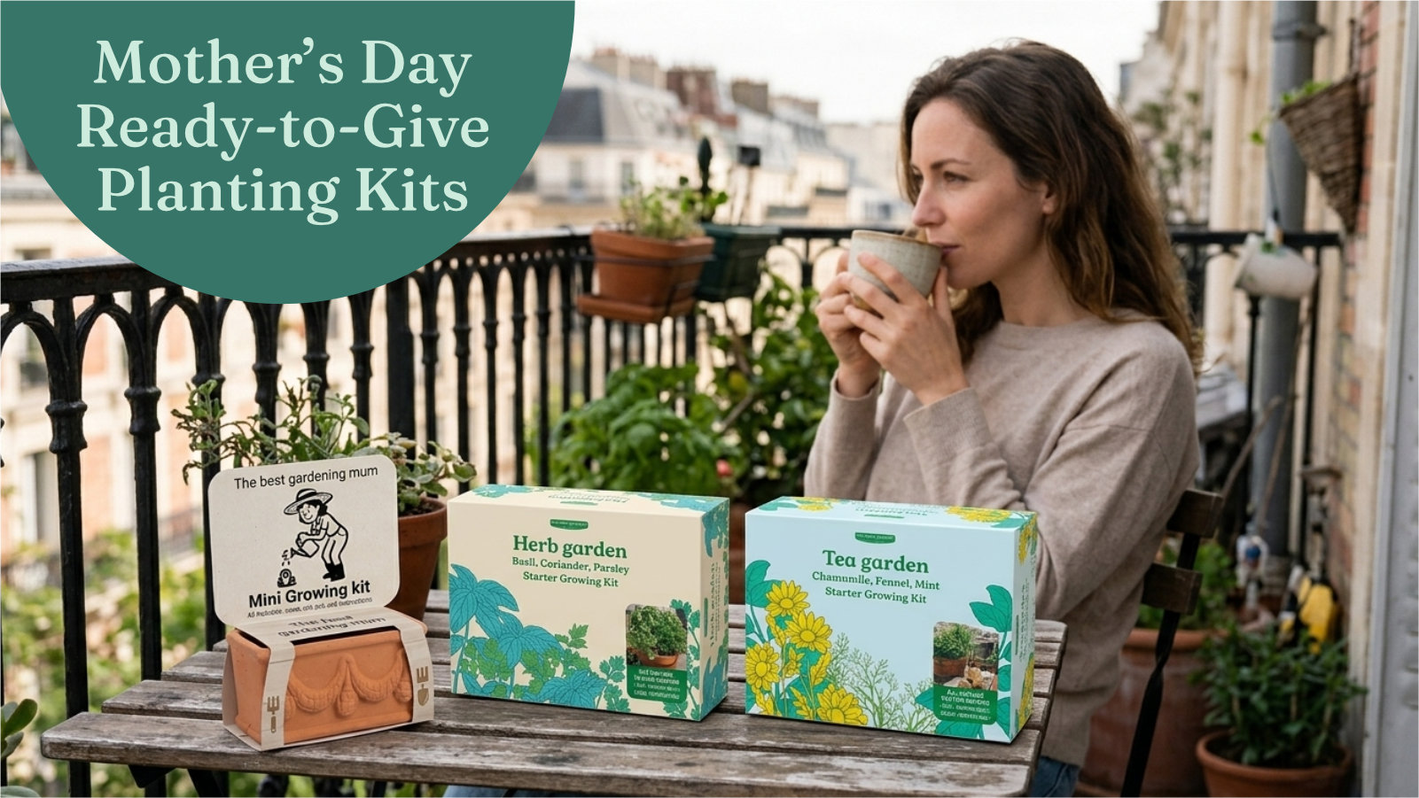Woman enjoying a cup of tea on a balcony next to Herb garden and Tea garden growing kits