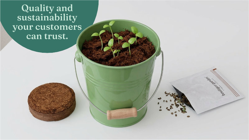Green metal pail with seedlings, a coir disc and a seed packet
