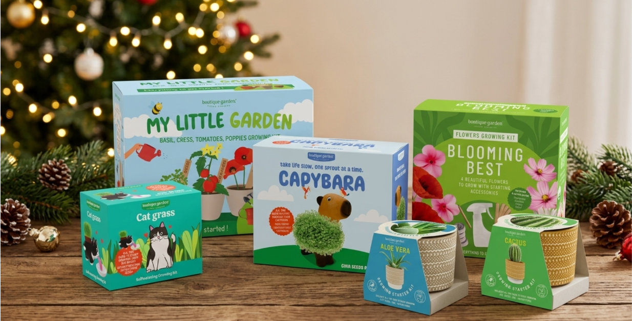 My Little Garden, Capybara and Blooming Best growing kits displayed with pine cones and a Christmas tree