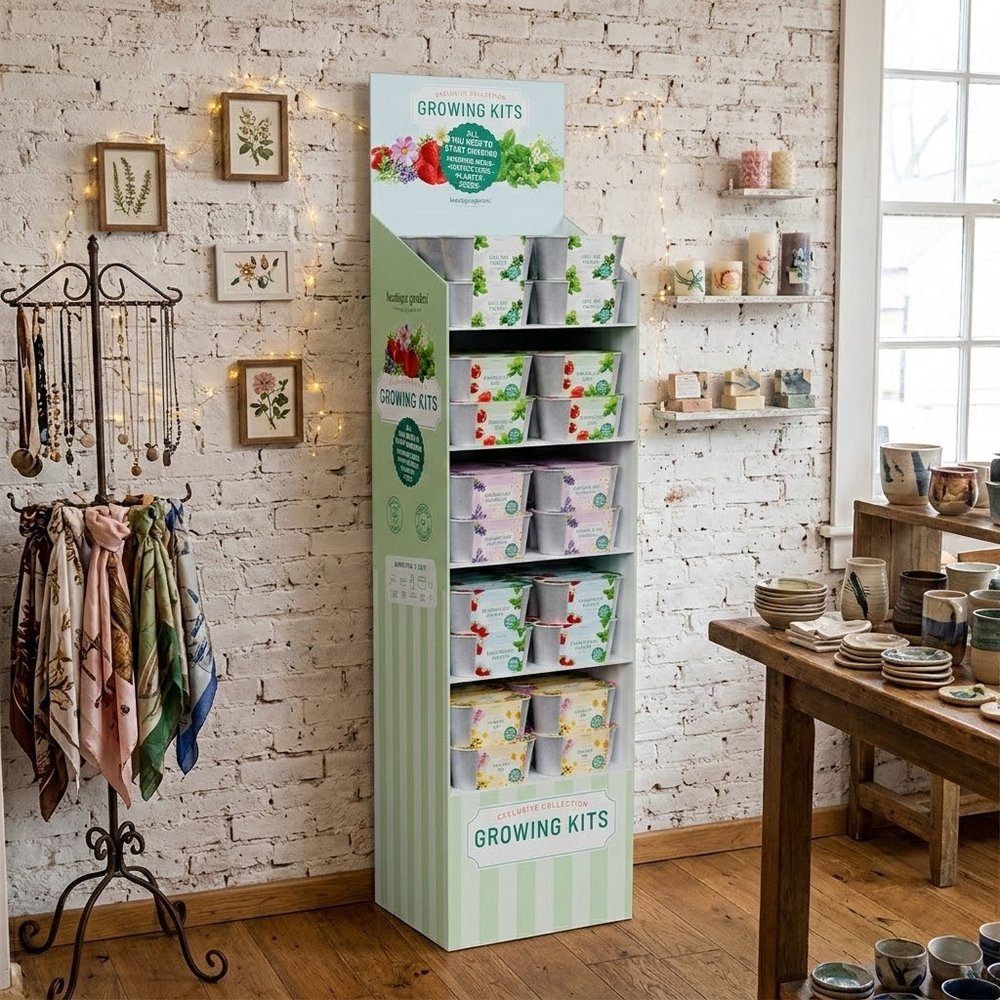Window planter gift kits merchandised on a retail floor display unit