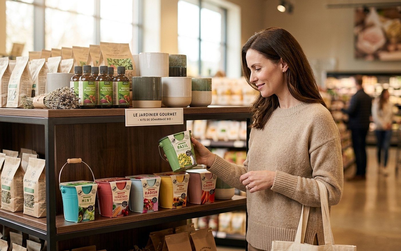 Shopper browsing Boutique Garden growing kits on a retail shelf